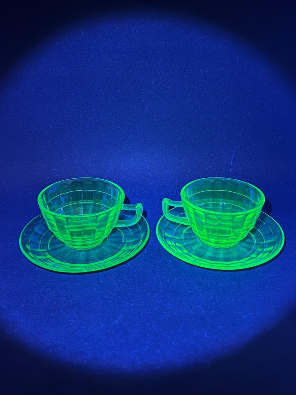 Vtg Anchor Hocking Block Optic Glass Green Depression Uranium Coffee Cup Saucer